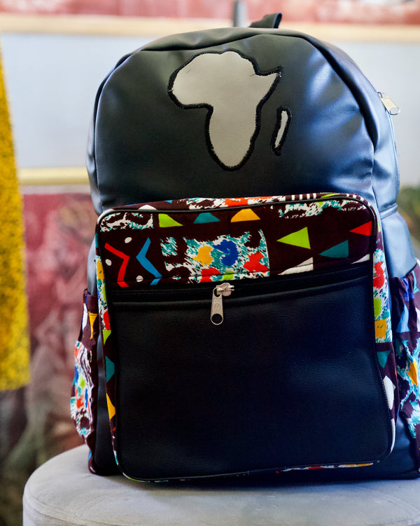 Grey Africa symbol Afro Backpack with Zulu Print 